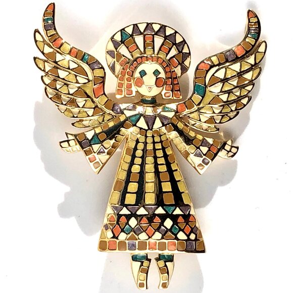 Bob Mackie Jewelry - Bob Mackie Angel Pin Mosaic Enamel Gold Tone Brooch Guardian Angel Vintage 80s